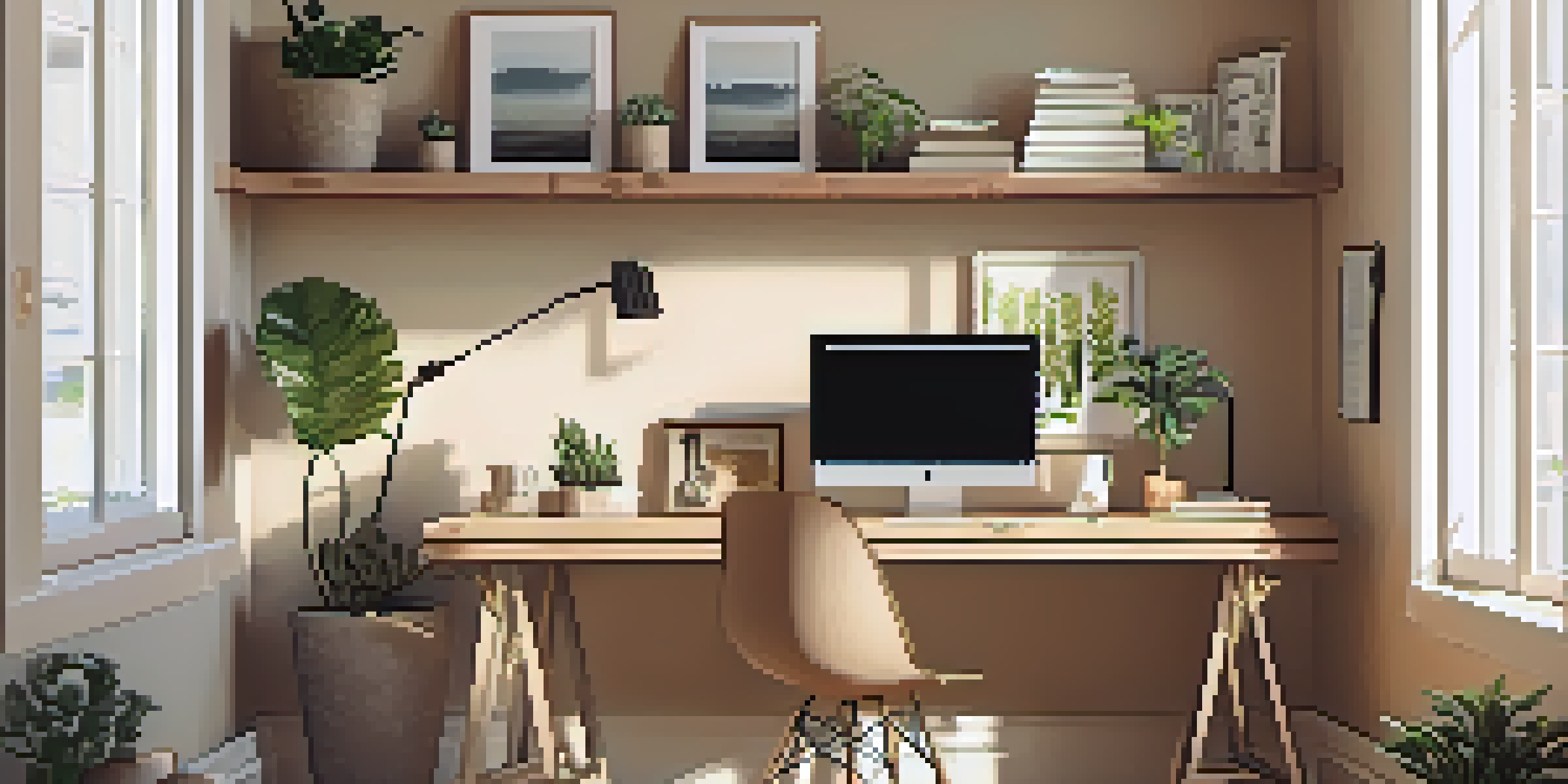 A cozy home office with a wooden desk, laptop, and houseplants, illuminated by warm natural light.