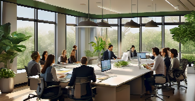 A diverse group of professionals discussing in a well-lit office with plants and motivational quotes on the walls.