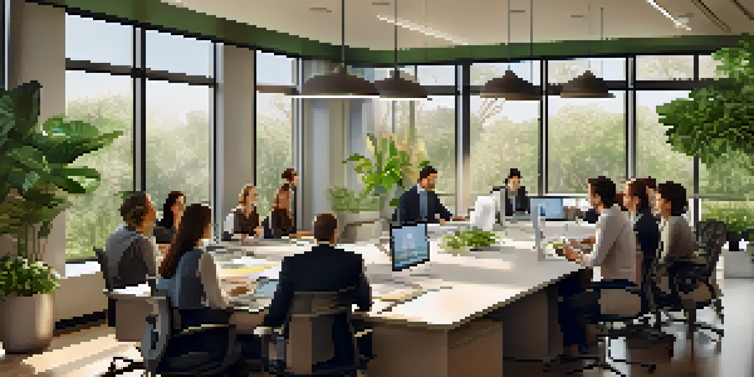 A diverse group of professionals discussing in a well-lit office with plants and motivational quotes on the walls.