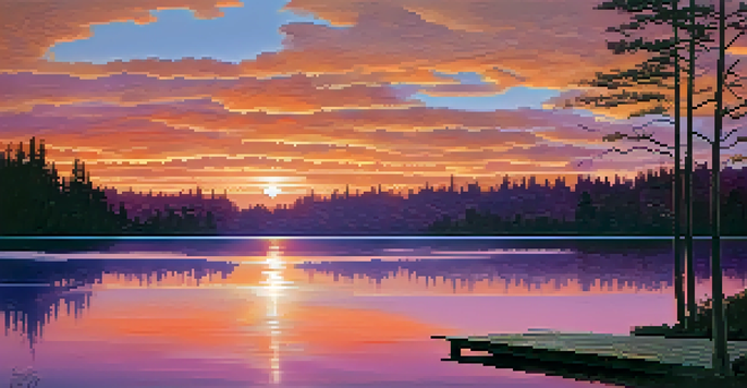 A picturesque sunset over a calm lake with colorful reflections and silhouetted trees.