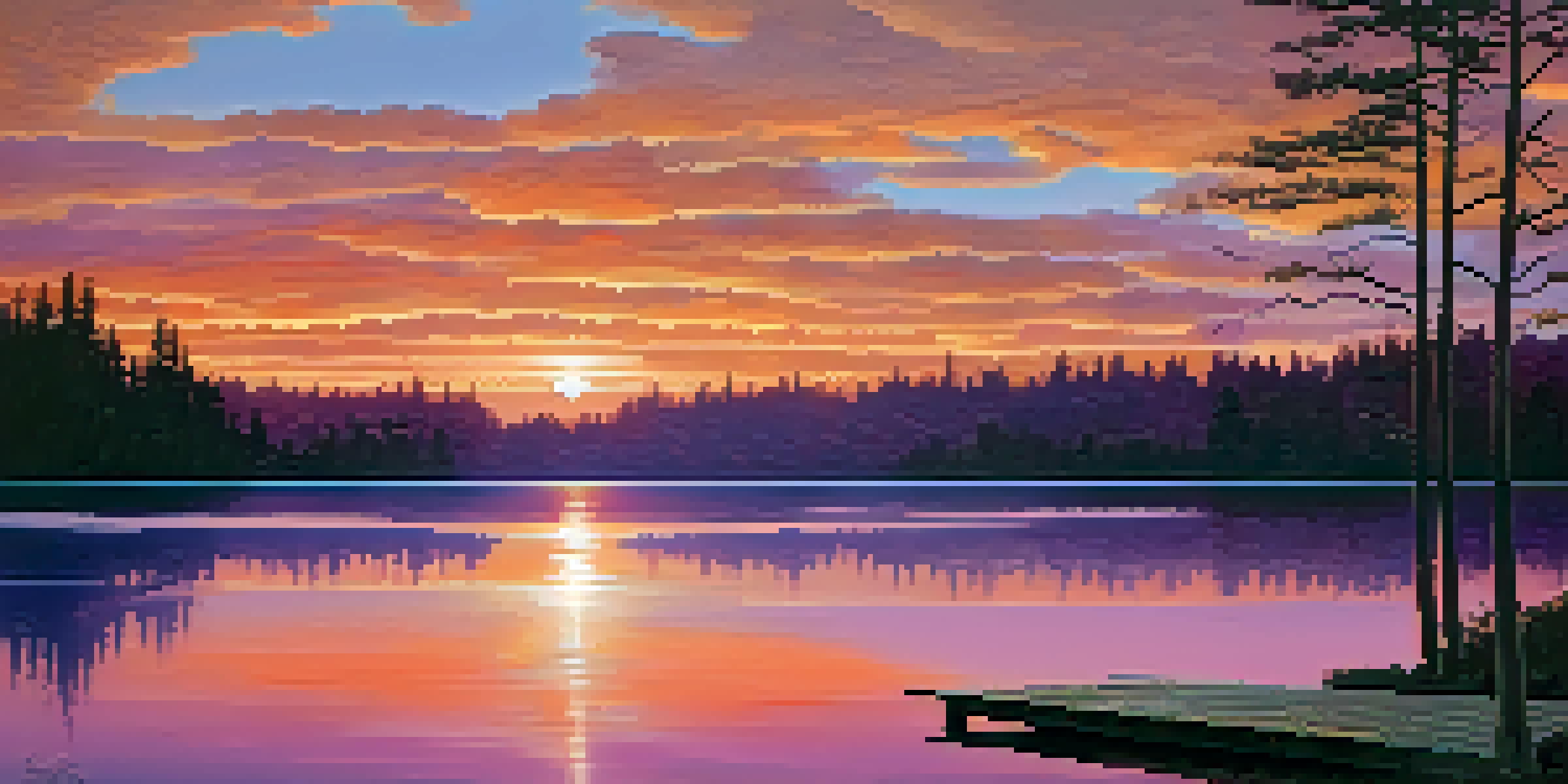 A picturesque sunset over a calm lake with colorful reflections and silhouetted trees.