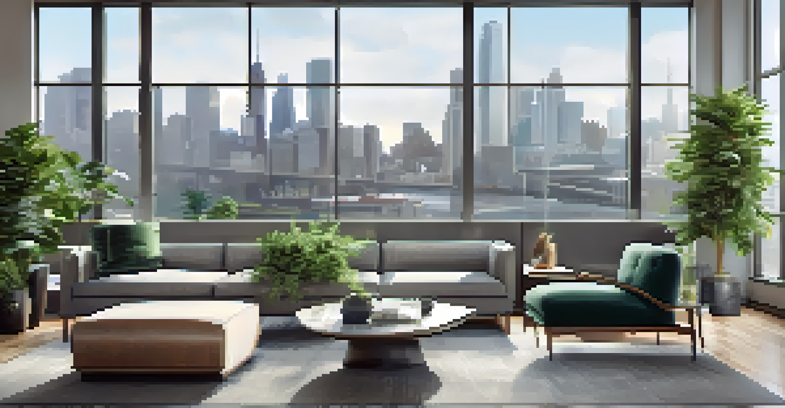 A modern office interior with large windows, sleek furniture, and a view of a city skyline.