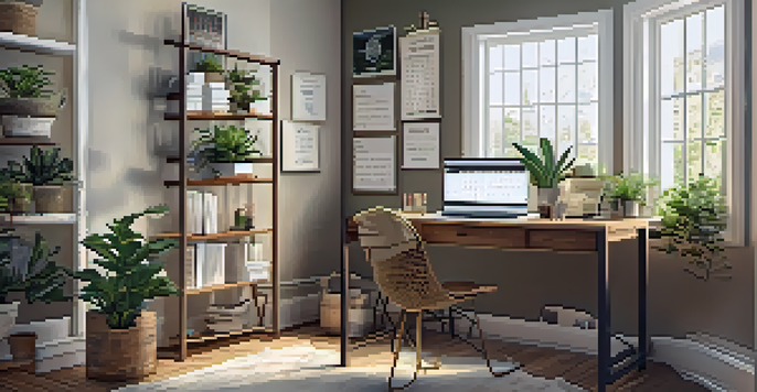 A cozy home office with a wooden desk, laptop, plants, and bright window light.