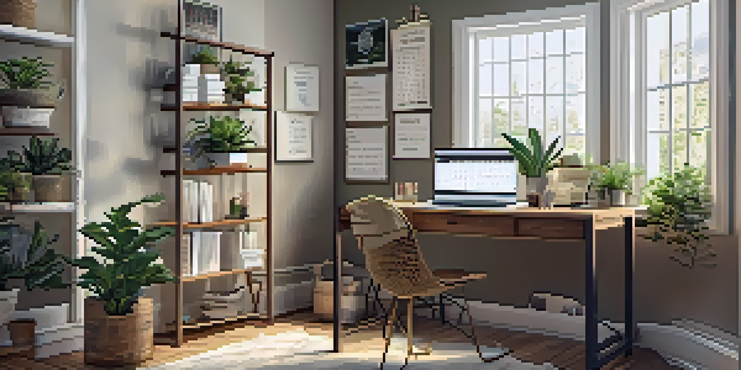 A cozy home office with a wooden desk, laptop, plants, and bright window light.