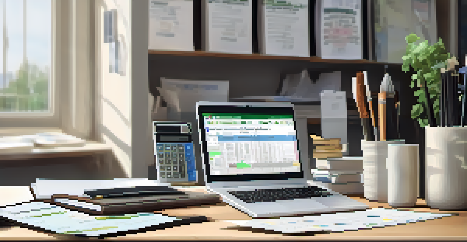A workspace with a financial planner, calculator, receipts, and a laptop, illuminated by natural light and featuring a motivational quote on the wall.