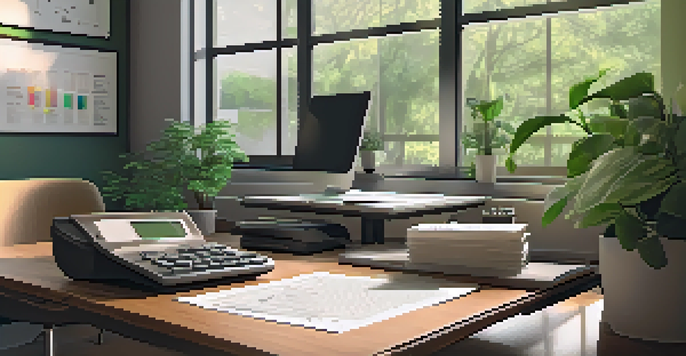 A bright office workspace with a wooden desk, a laptop showing a tax document, organized folders, a calculator, and a cup of coffee, surrounded by green plants.