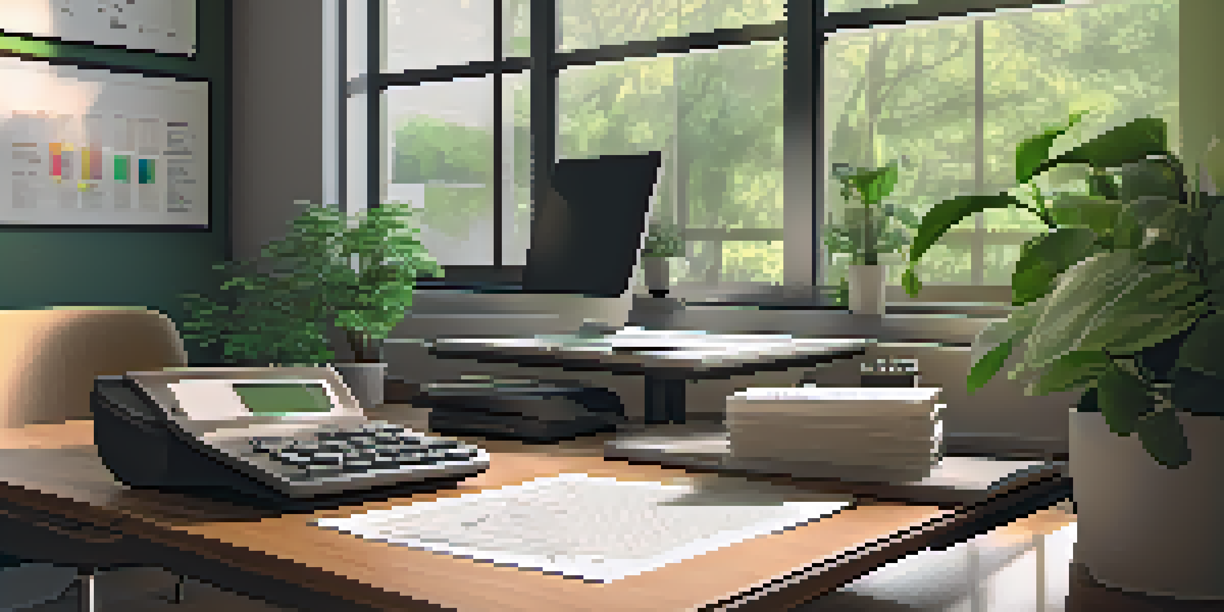 A bright office workspace with a wooden desk, a laptop showing a tax document, organized folders, a calculator, and a cup of coffee, surrounded by green plants.