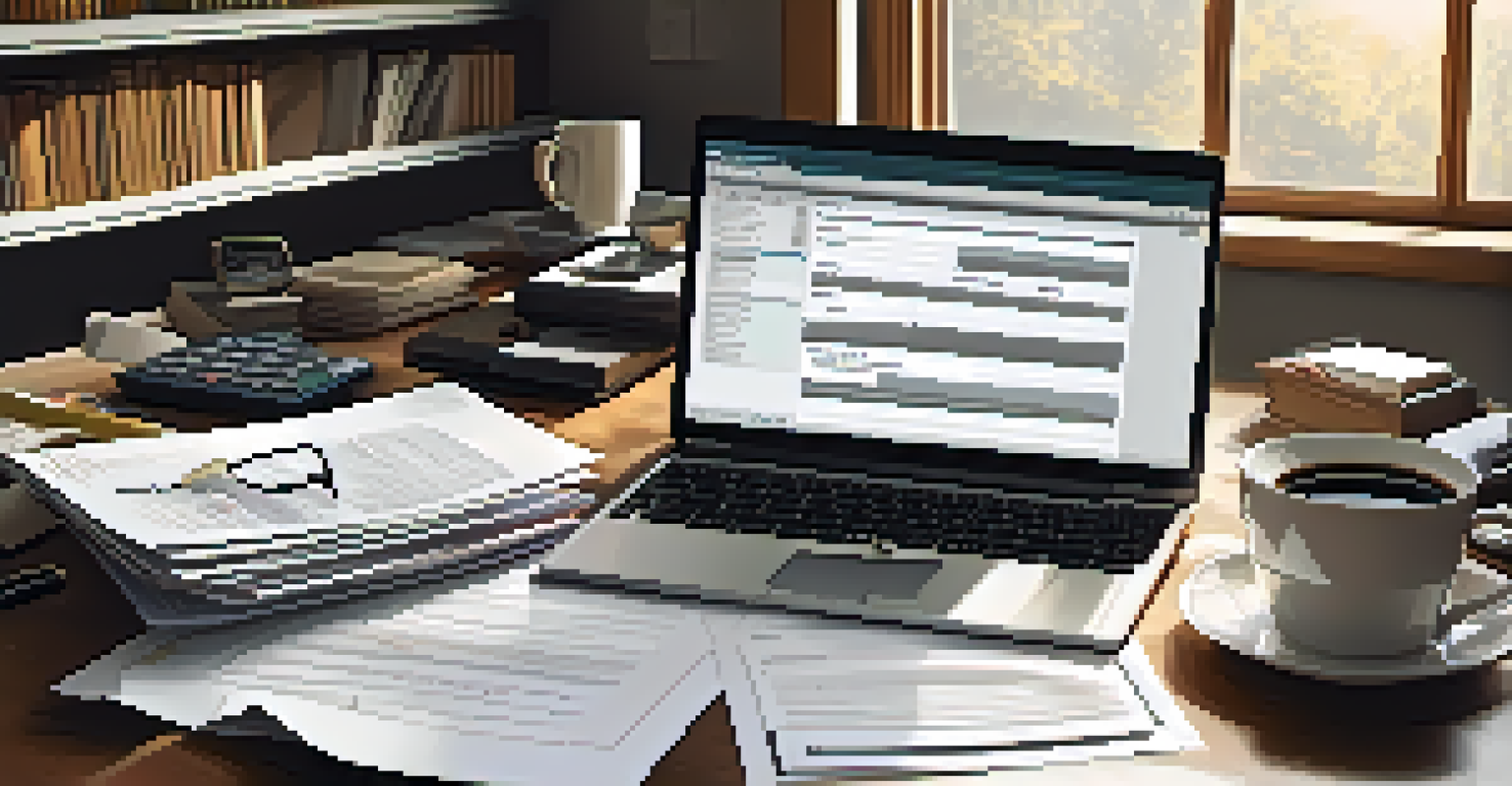 A cluttered office desk with documents about tax liens, a calculator, and a laptop, emphasizing a busy workspace.