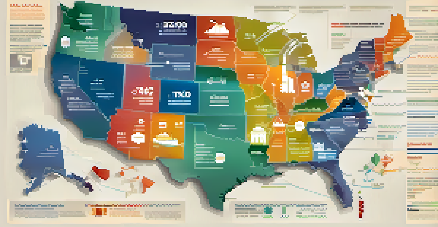 A color-coded map of the United States showing different sales tax rates by state with icons and annotations.