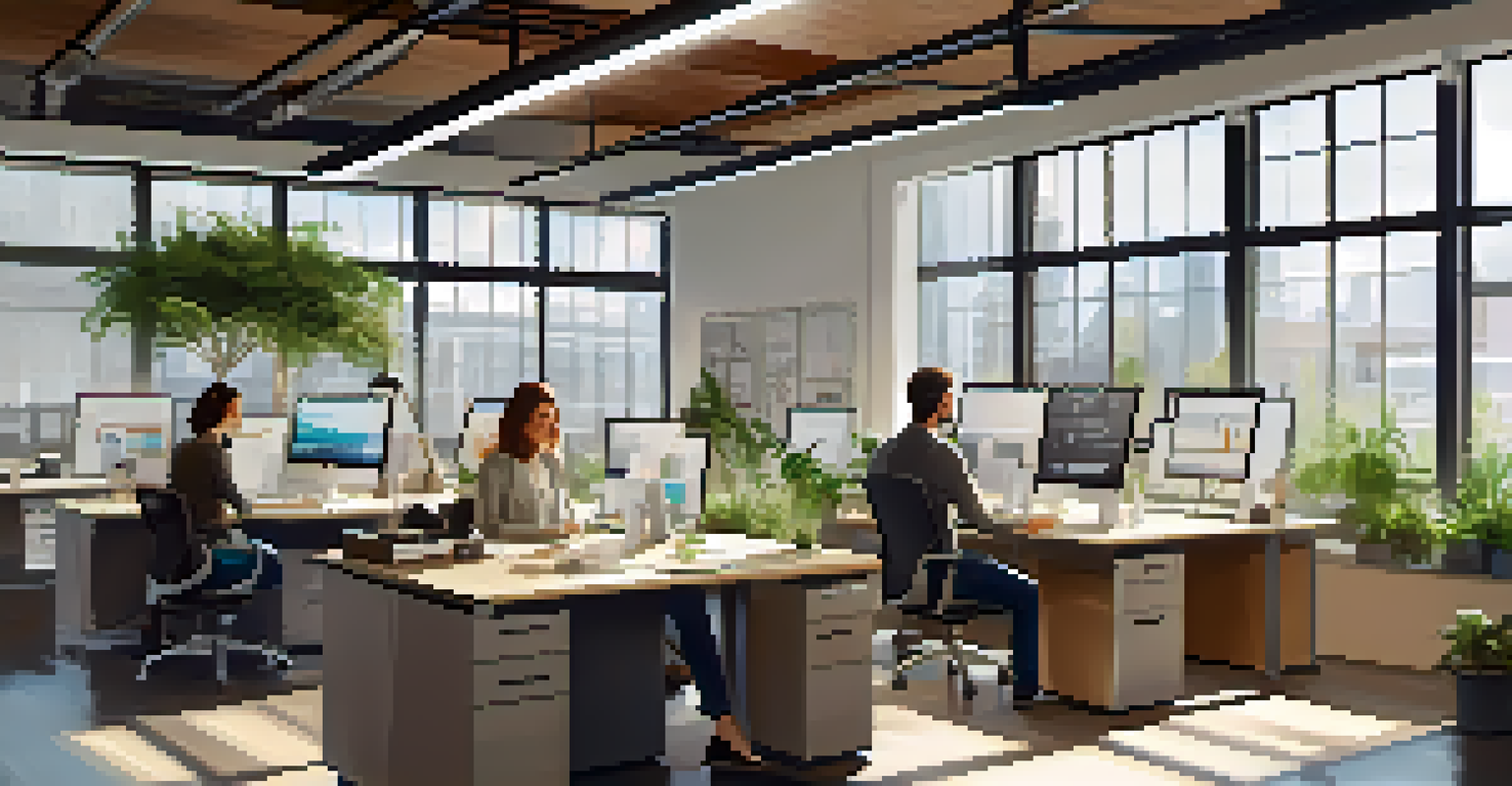 A modern office space in a small business with a diverse team working together in a bright and creative environment.