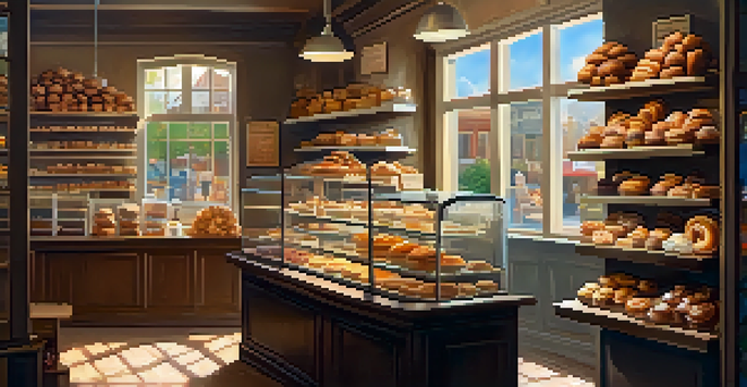 A warm and inviting small bakery filled with freshly baked goods, featuring a friendly baker and bright, cheerful decorations.
