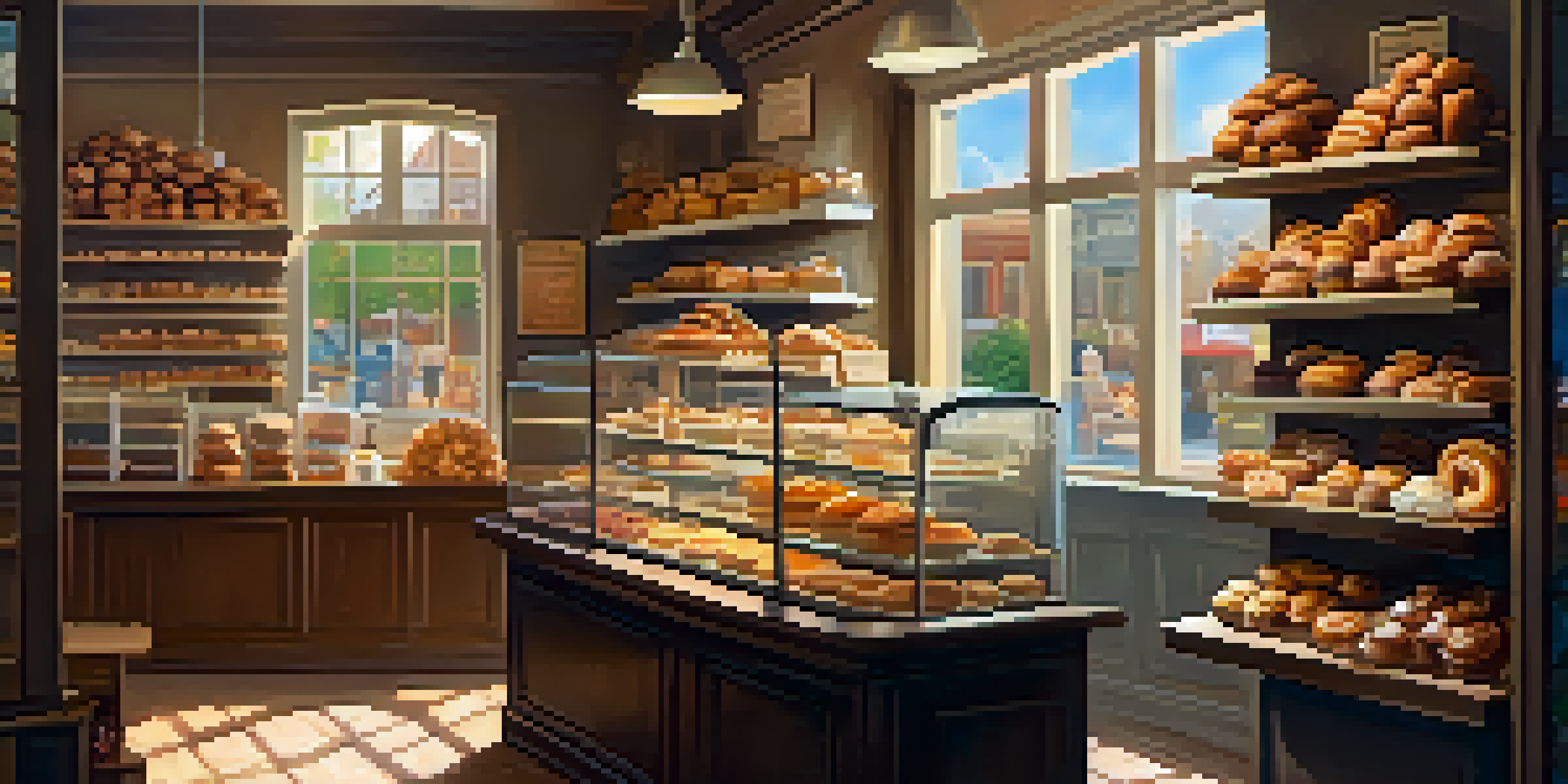 A warm and inviting small bakery filled with freshly baked goods, featuring a friendly baker and bright, cheerful decorations.