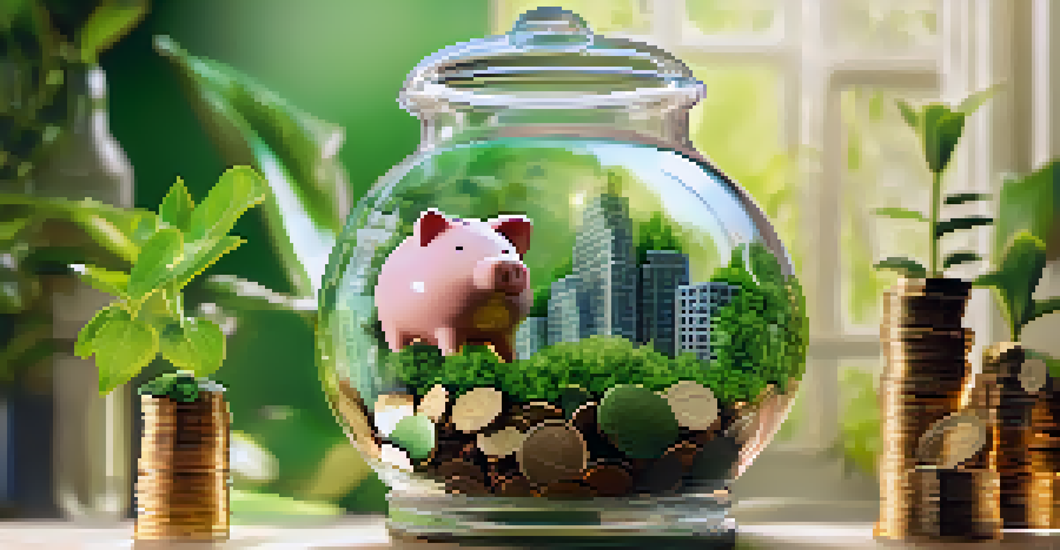 A glass piggy bank surrounded by growing plants and coins, symbolizing tax-advantaged savings and financial growth.