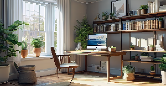 A cozy home office with a wooden desk, laptop, coffee cup, and potted plant, illuminated by sunlight from a window.