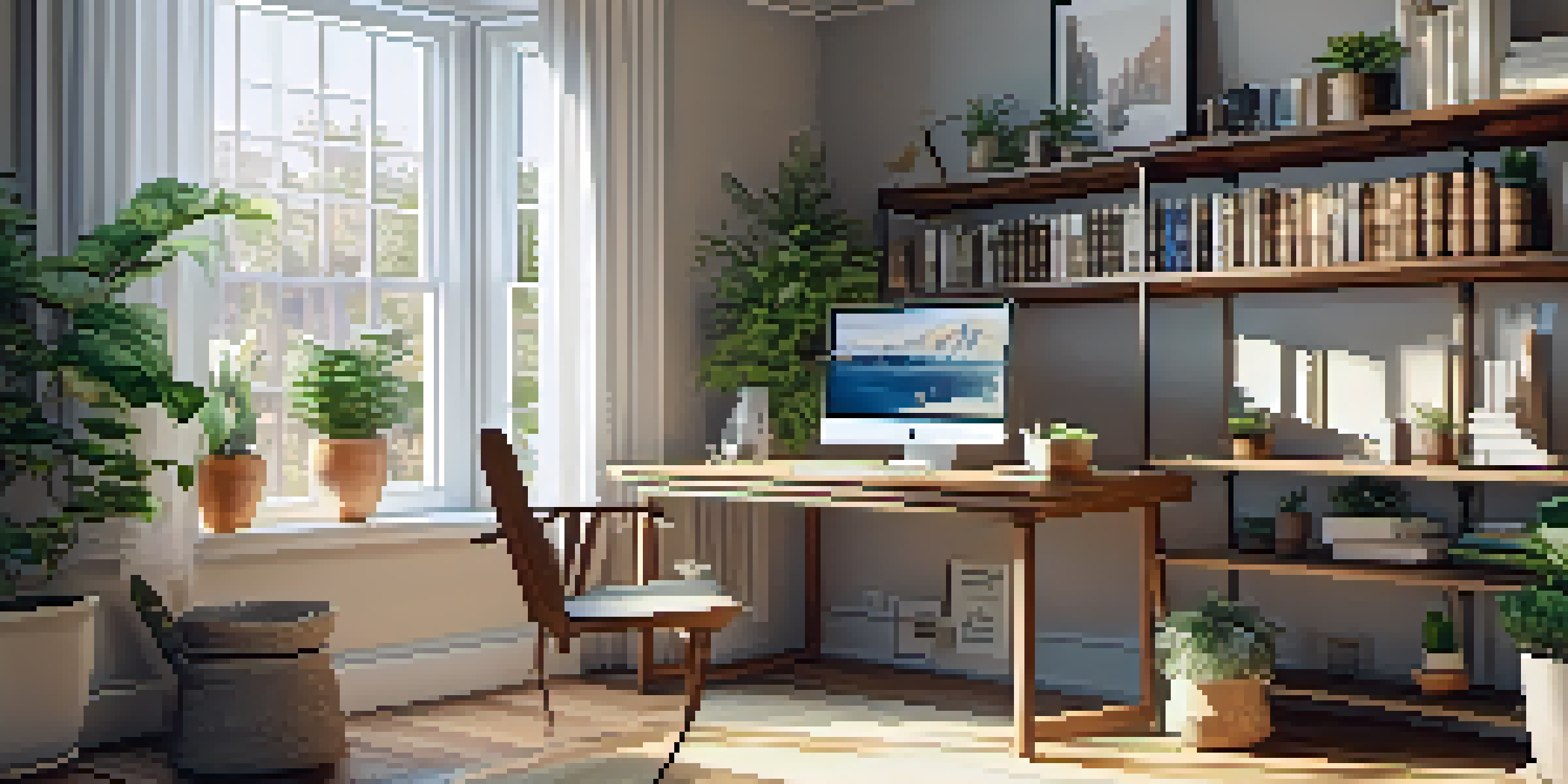 A cozy home office with a wooden desk, laptop, coffee cup, and potted plant, illuminated by sunlight from a window.