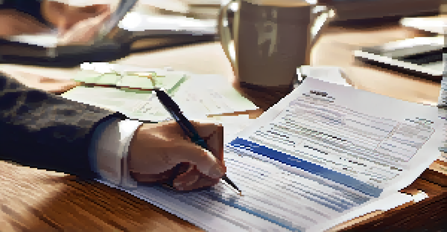 A hand filling out a 1099-MISC form with a laptop and tax documents in the background.