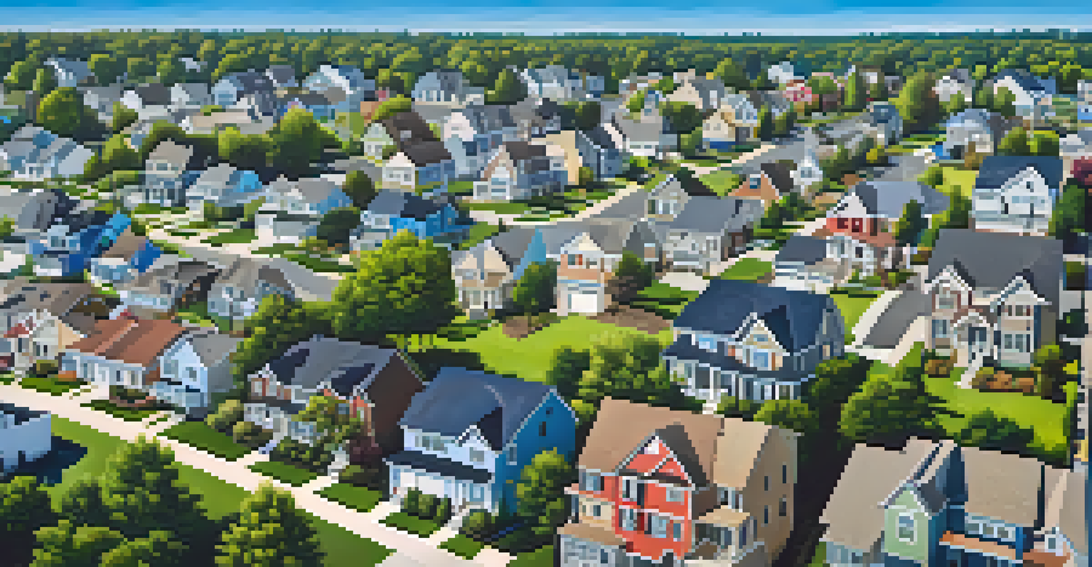 An aerial view of a suburban neighborhood with various homes and 'For Sale' signs under a clear blue sky.