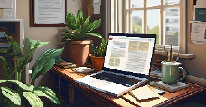 A warm and inviting home office with a wooden desk, laptop, tax documents, and natural light coming through a window.