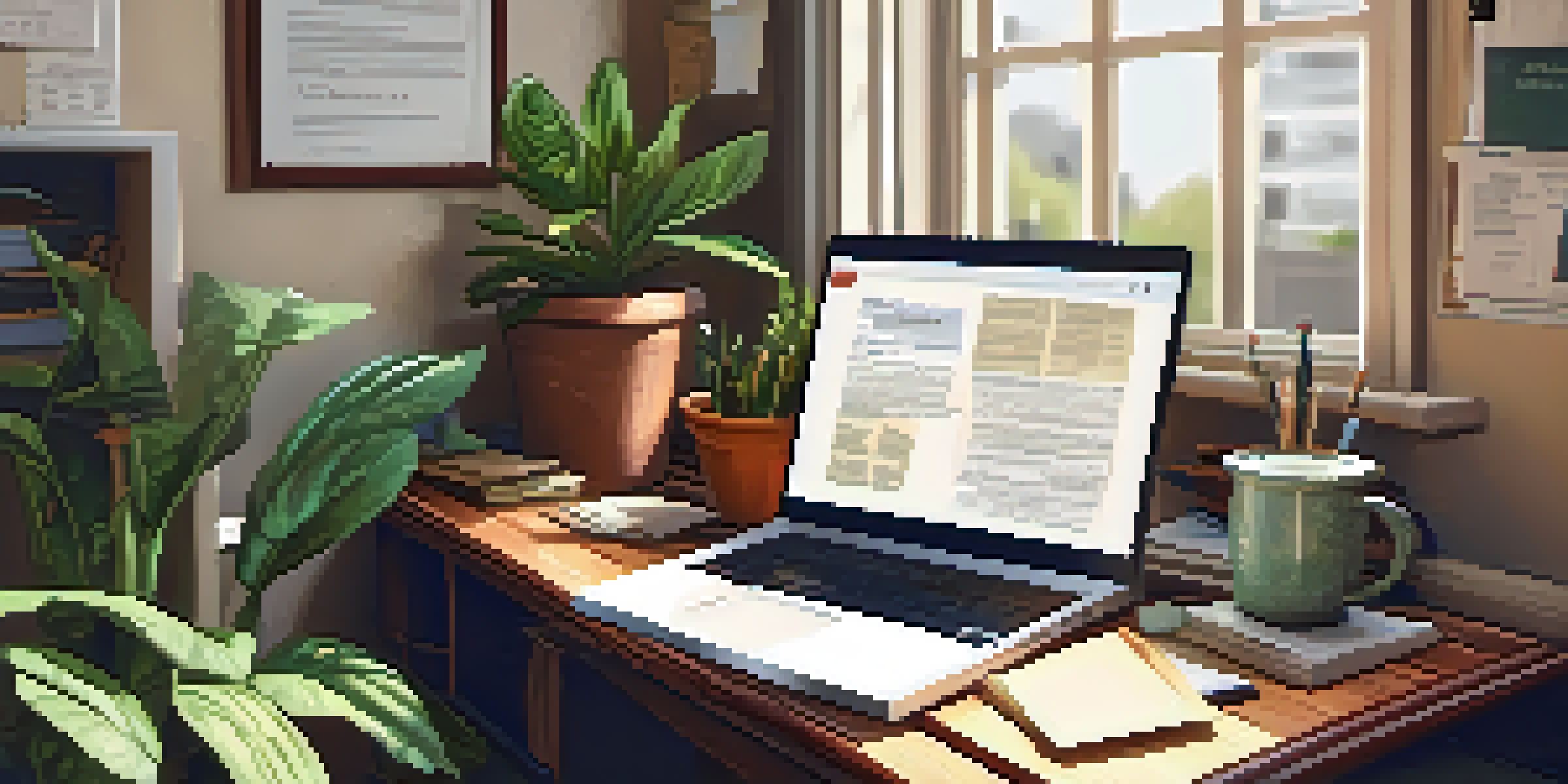 A warm and inviting home office with a wooden desk, laptop, tax documents, and natural light coming through a window.