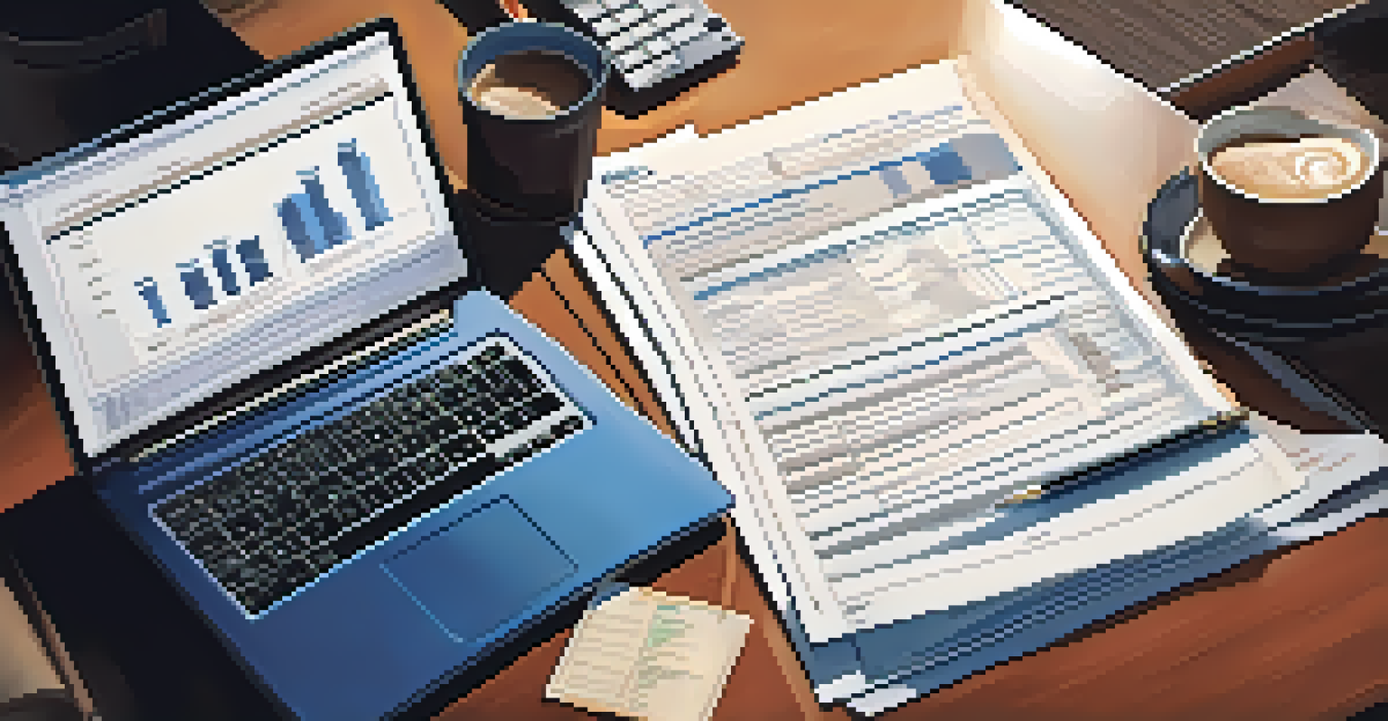 A business professional analyzing tax compliance reports on a desk with a laptop and coffee.