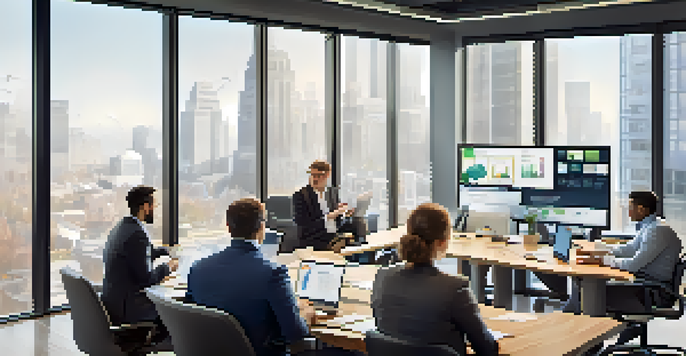 A diverse group of professionals in a modern office engaged in a video conference about tax compliance, with charts and digital devices around them.