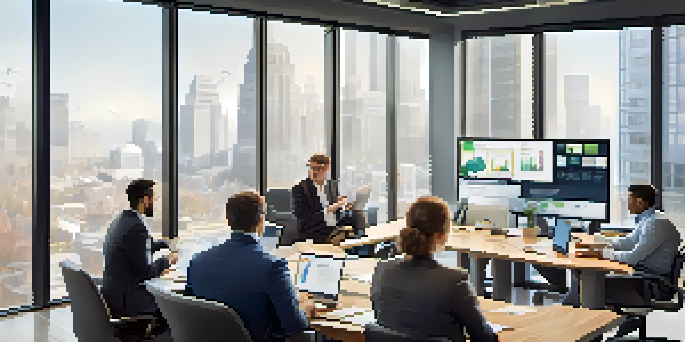 A diverse group of professionals in a modern office engaged in a video conference about tax compliance, with charts and digital devices around them.
