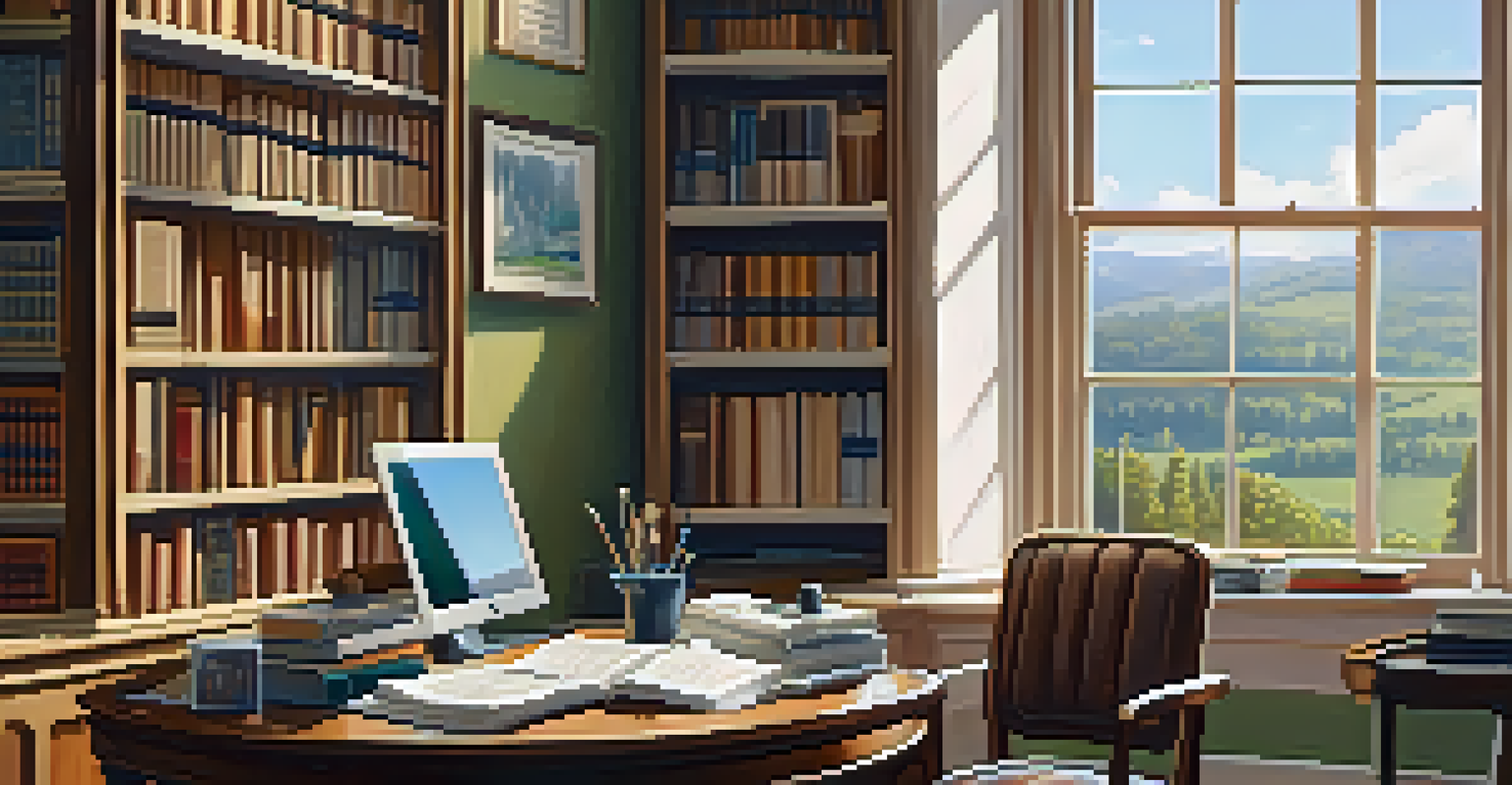 A cozy study area featuring a bookshelf, a comfortable chair, and a desk with financial documents and a laptop, with sunlight streaming through a window.