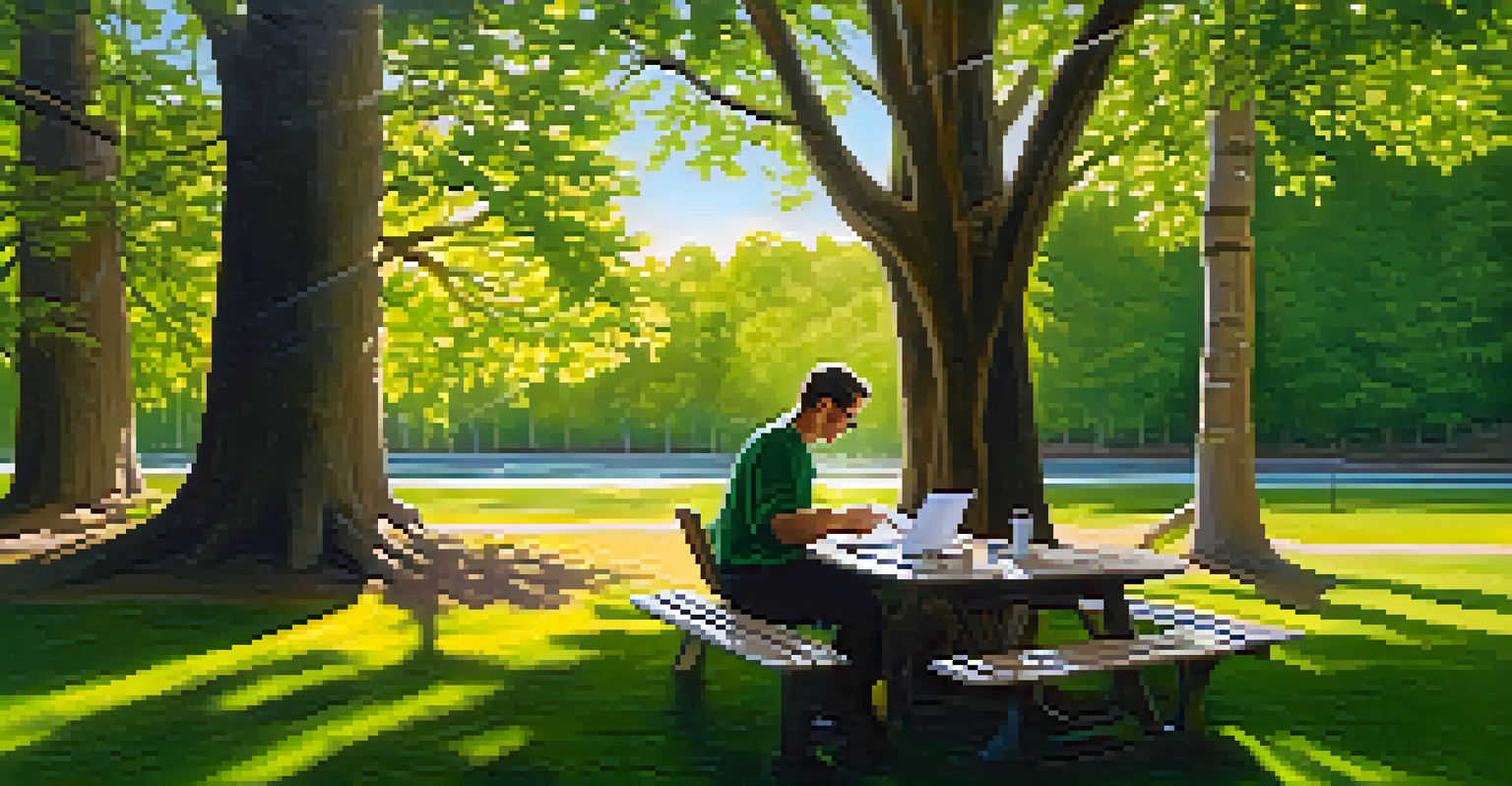 A small business owner reviewing documents outdoors at a picnic table in a peaceful park, surrounded by greenery and sunlight.