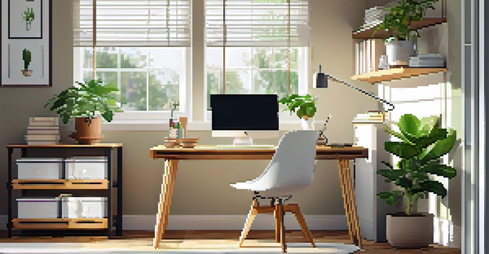 A bright home office with a desk, laptop, potted plant, and coffee mug, illuminated by sunlight.