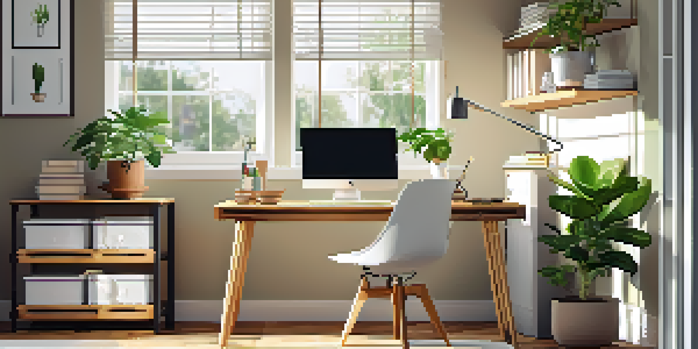 A bright home office with a desk, laptop, potted plant, and coffee mug, illuminated by sunlight.