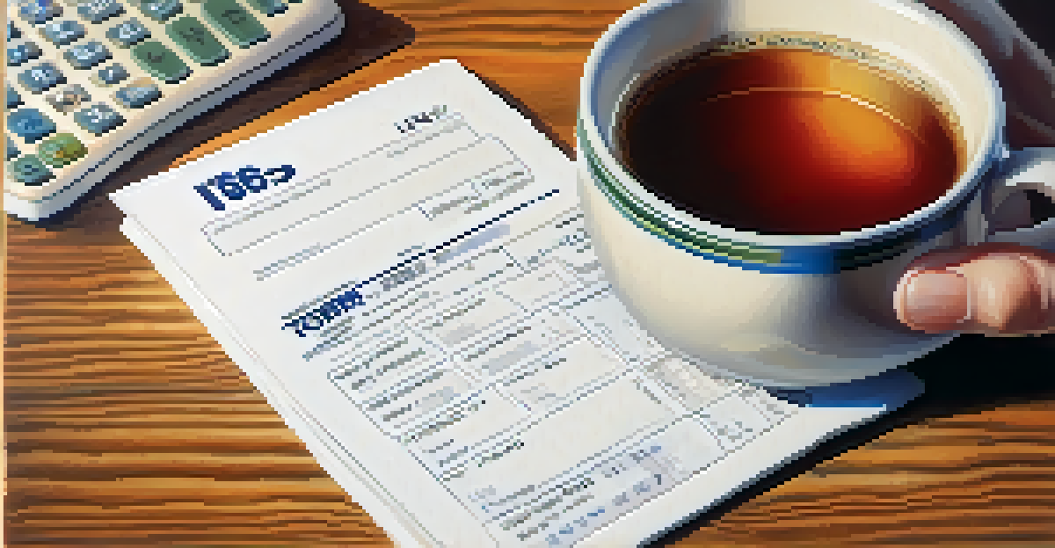 A close-up of a hand holding IRS Form 4868 next to a calculator and a cup of tea, with a softly blurred background.
