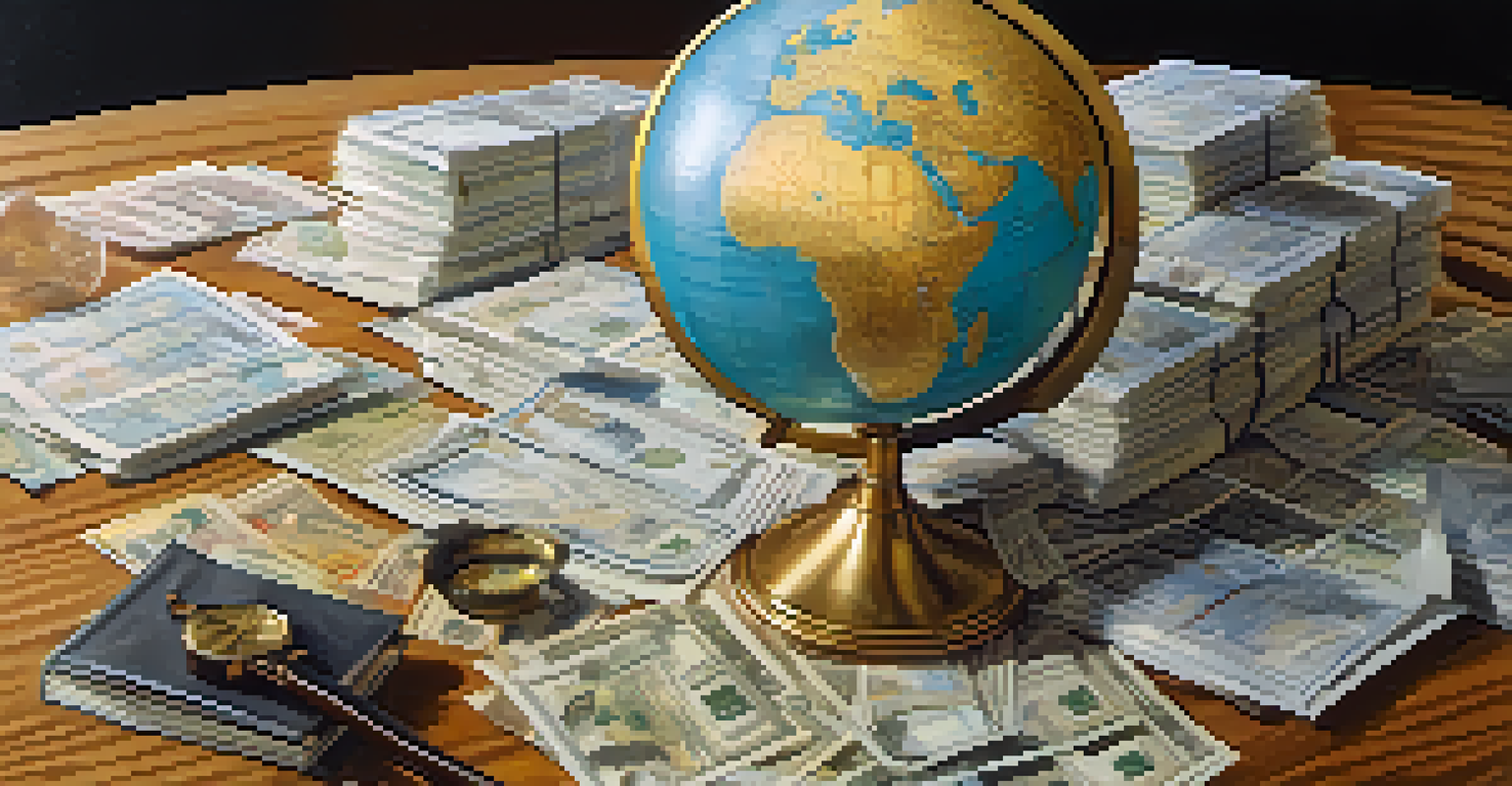 A globe surrounded by currency symbols and tax documents on a wooden desk, illuminated by soft natural light.