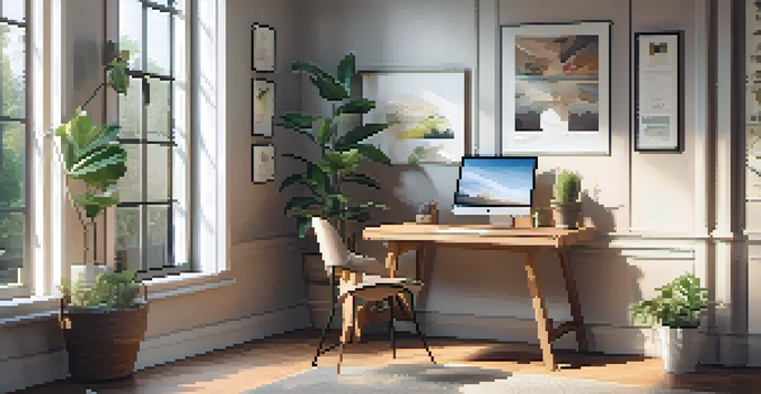 A cozy home office with a wooden desk, laptop, potted plant, and soft natural light coming through a window.