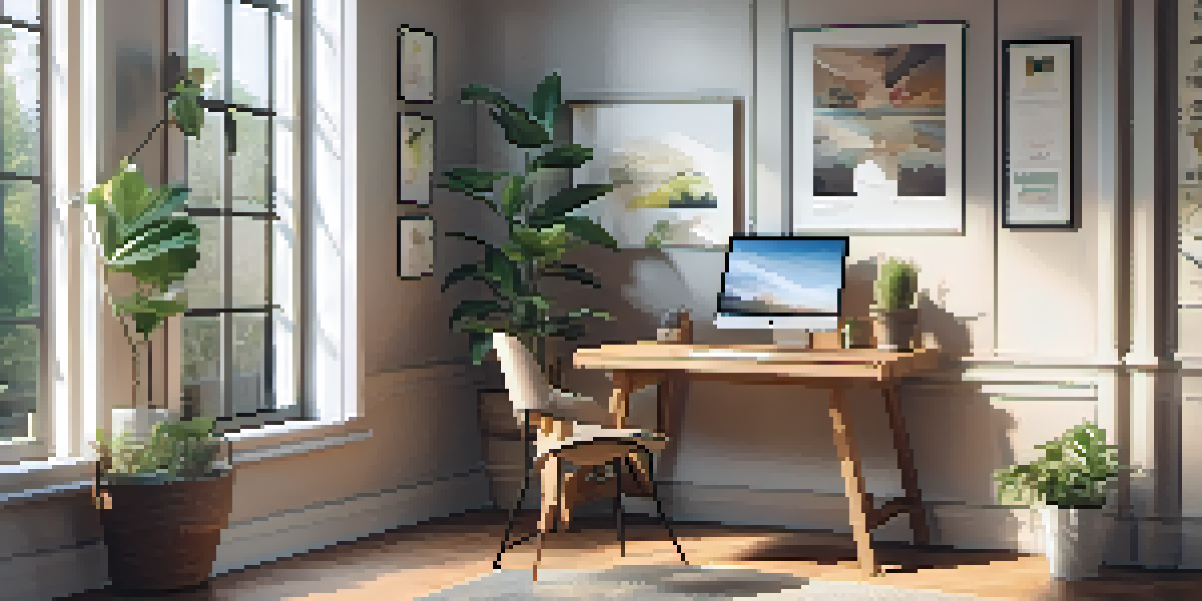 A cozy home office with a wooden desk, laptop, potted plant, and soft natural light coming through a window.