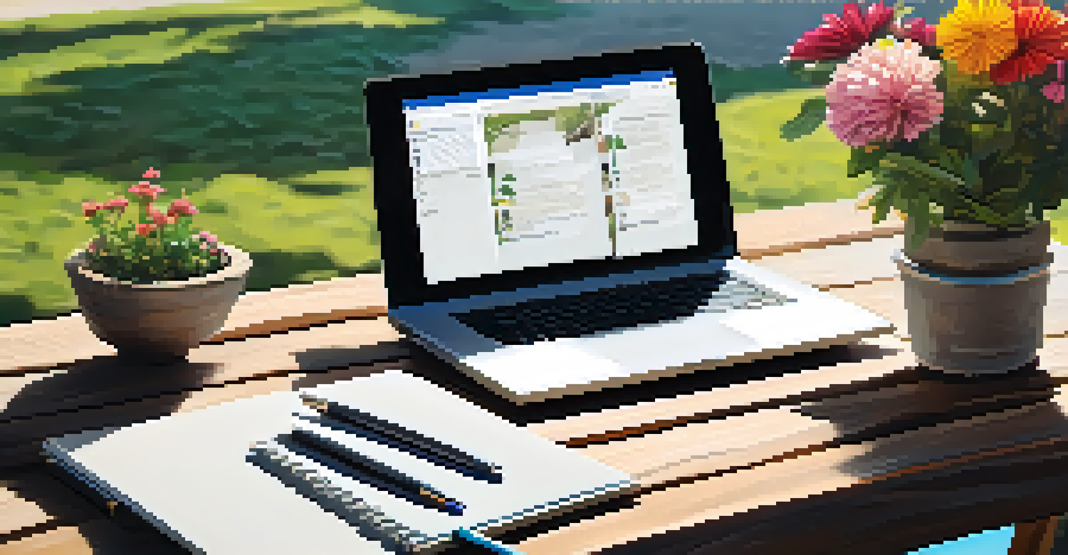 A peaceful outdoor workspace with a wooden table, laptop, and flowers, under a clear blue sky.