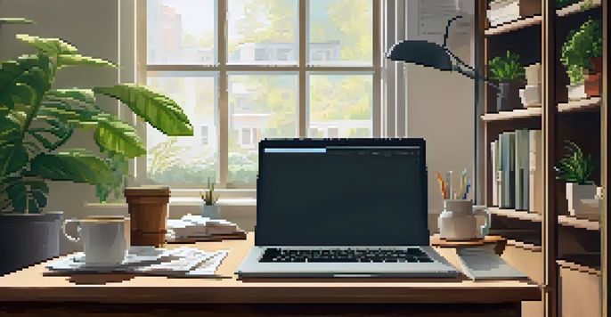 A warm and inviting home office setup with a wooden desk, laptop displaying tax documents, and a coffee cup, illuminated by natural light.