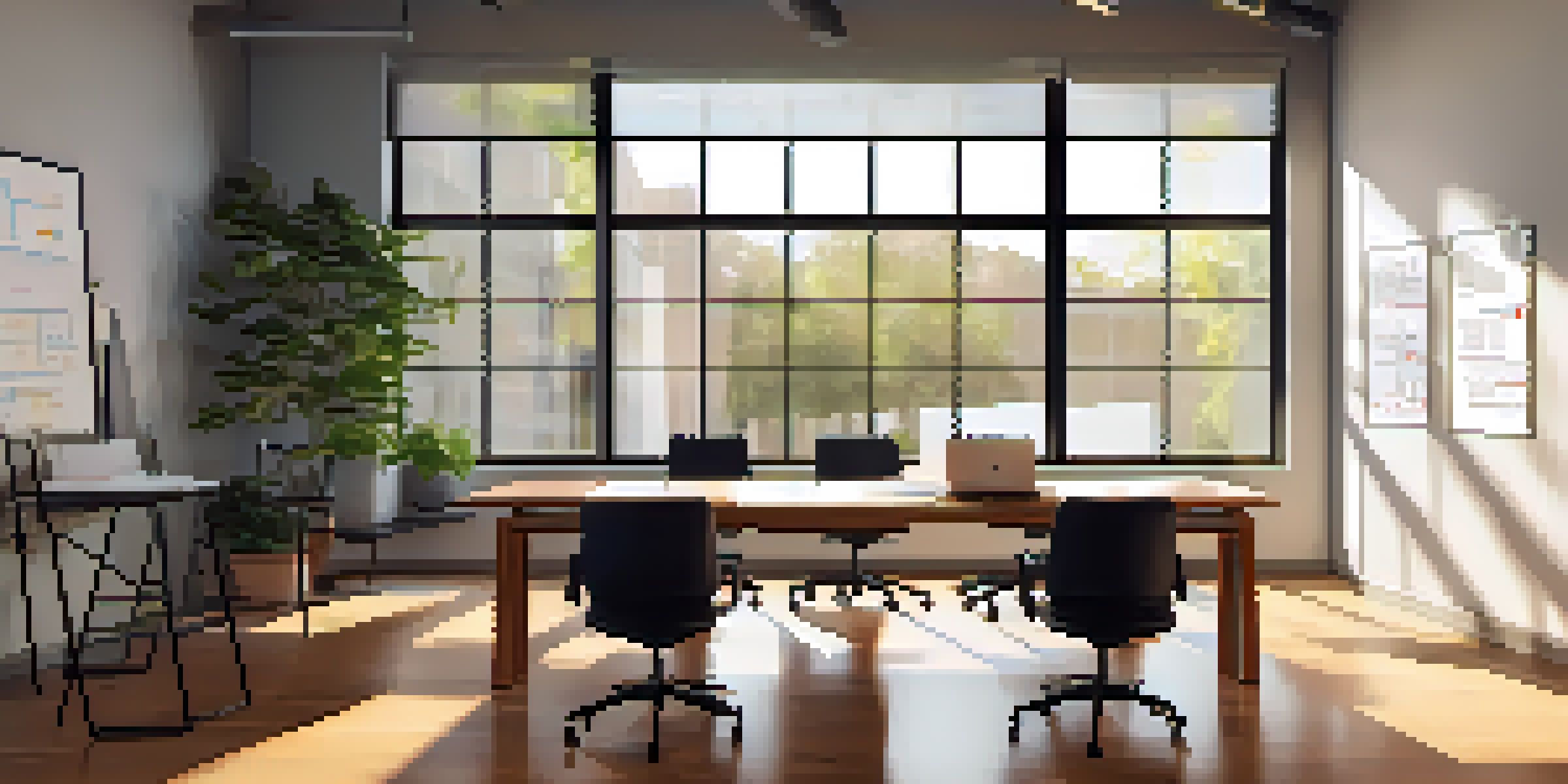 An inviting office space with a wooden conference table, comfortable chairs, and sunlight streaming through the windows.