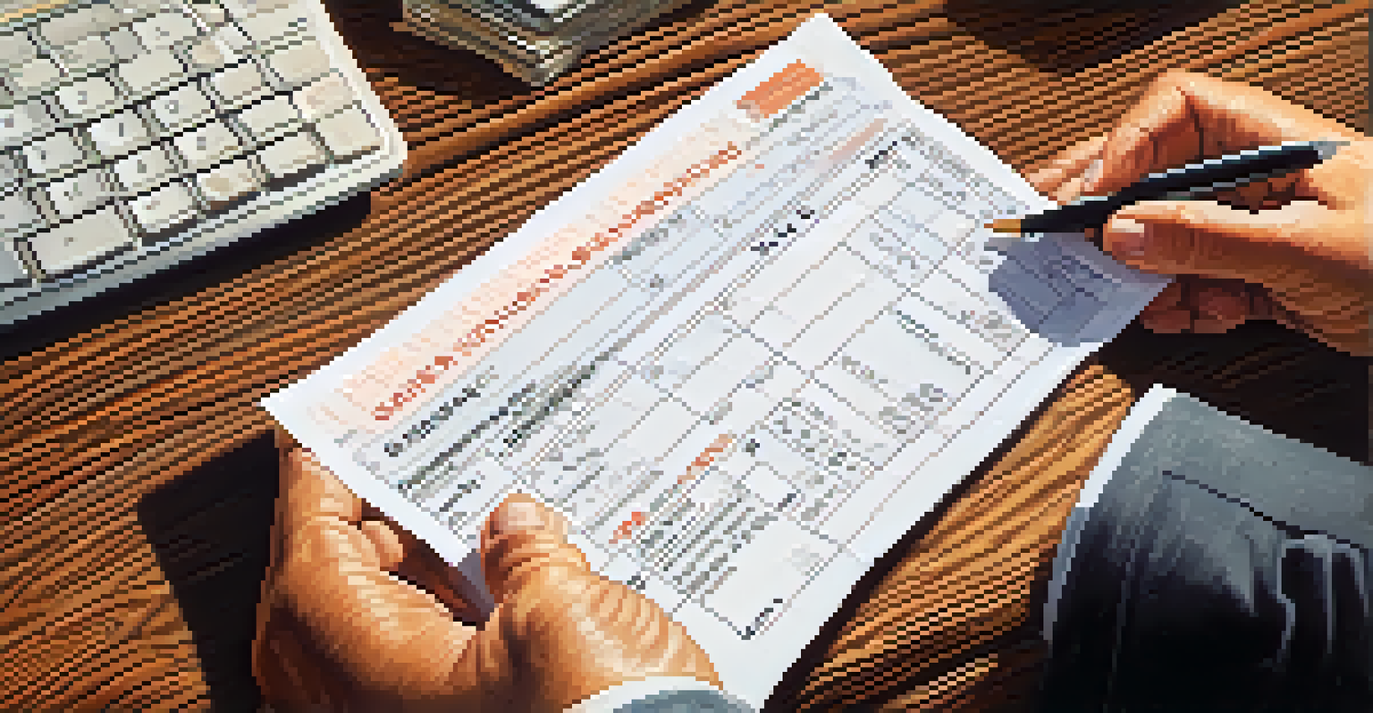 Close-up of hands holding a receipt with sales tax information on a rustic wooden table, alongside a laptop and calculator.