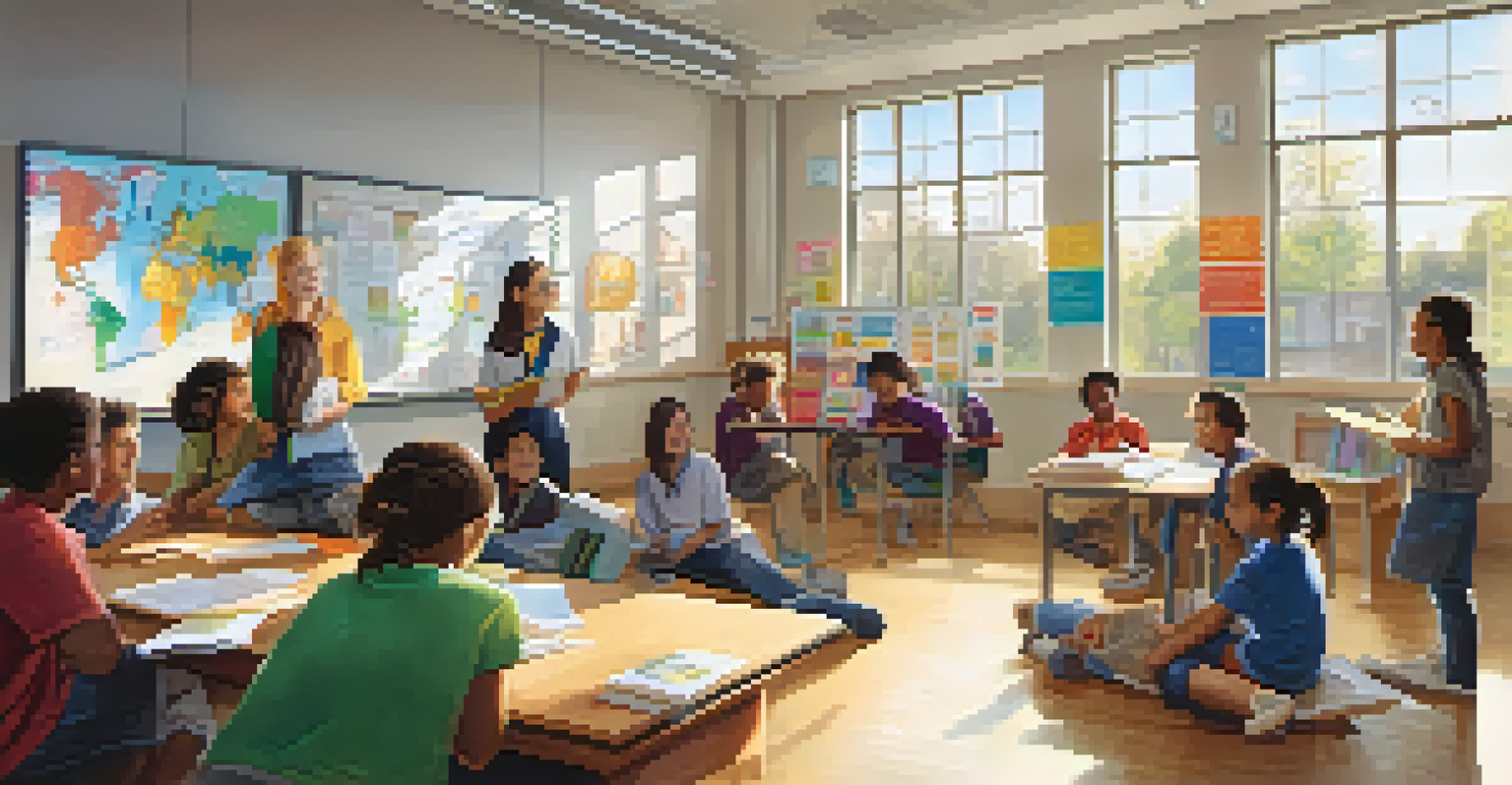 A diverse group of students in a classroom discussing around a whiteboard, with sunlight streaming through the windows.