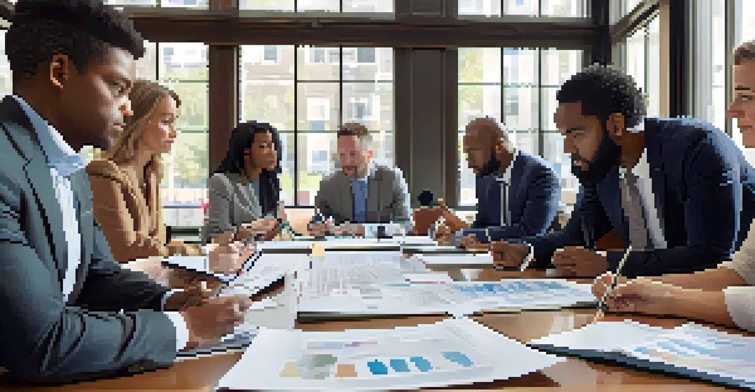 Close-up of a diverse group of professionals collaborating in a bright conference room around a table.
