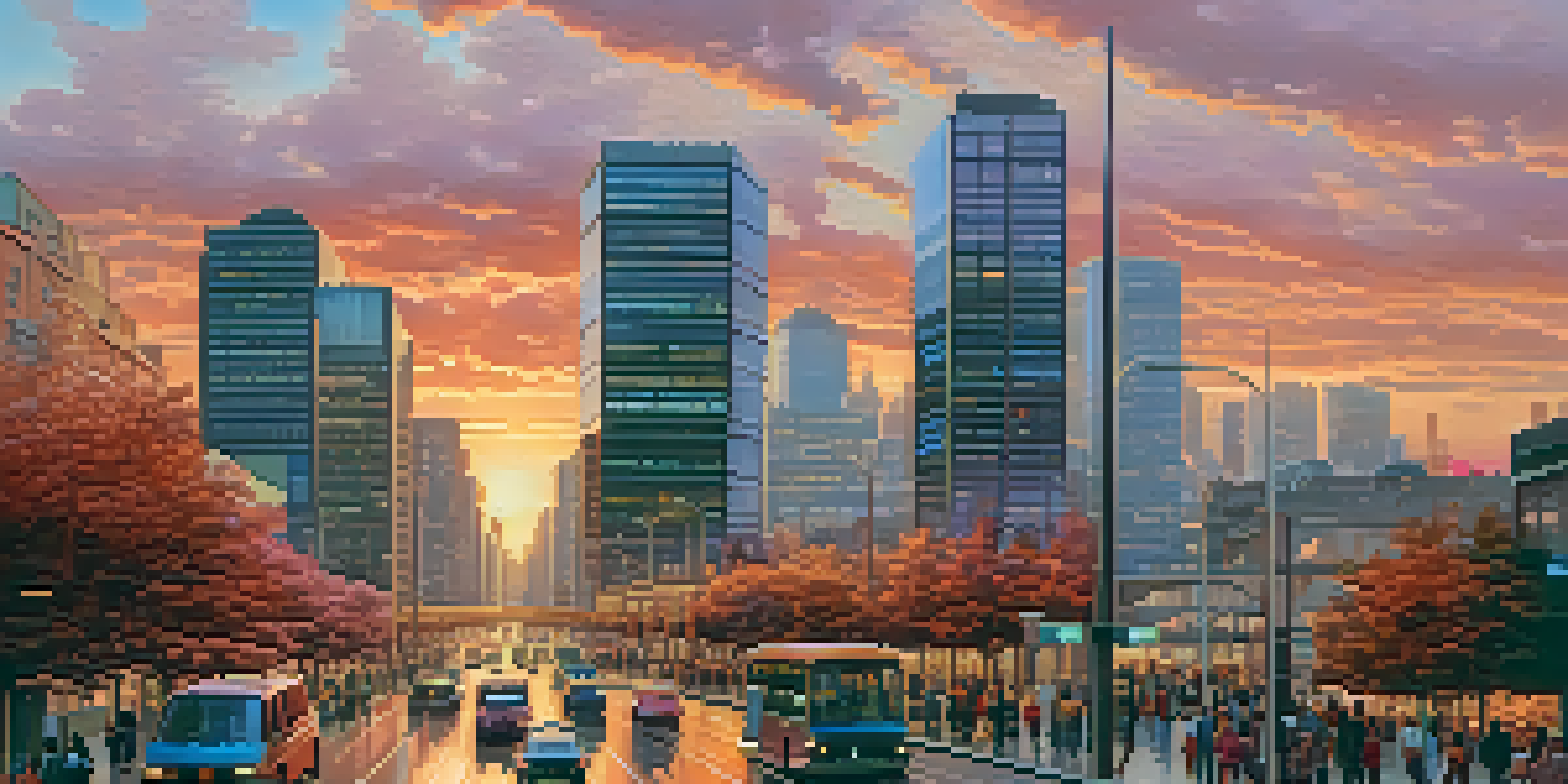 A city skyline at sunset with modern skyscrapers, a busy street with pedestrians and cars, and a colorful sky.