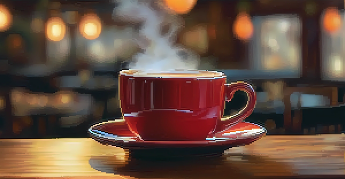A close-up of a steaming coffee cup on a wooden table in a cozy café setting.