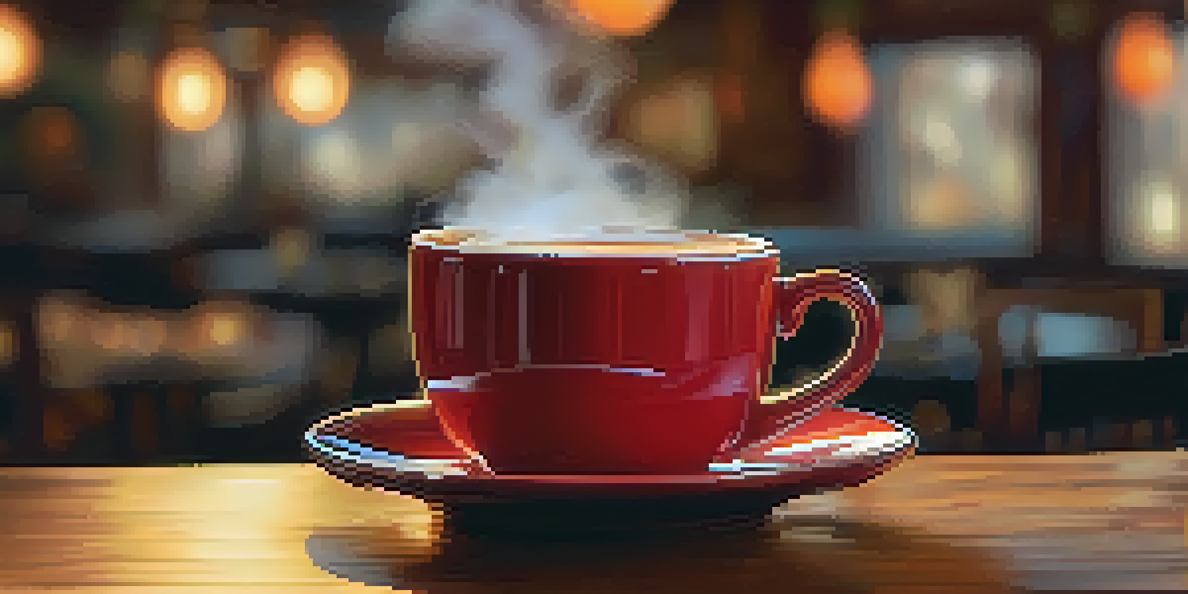 A close-up of a steaming coffee cup on a wooden table in a cozy café setting.