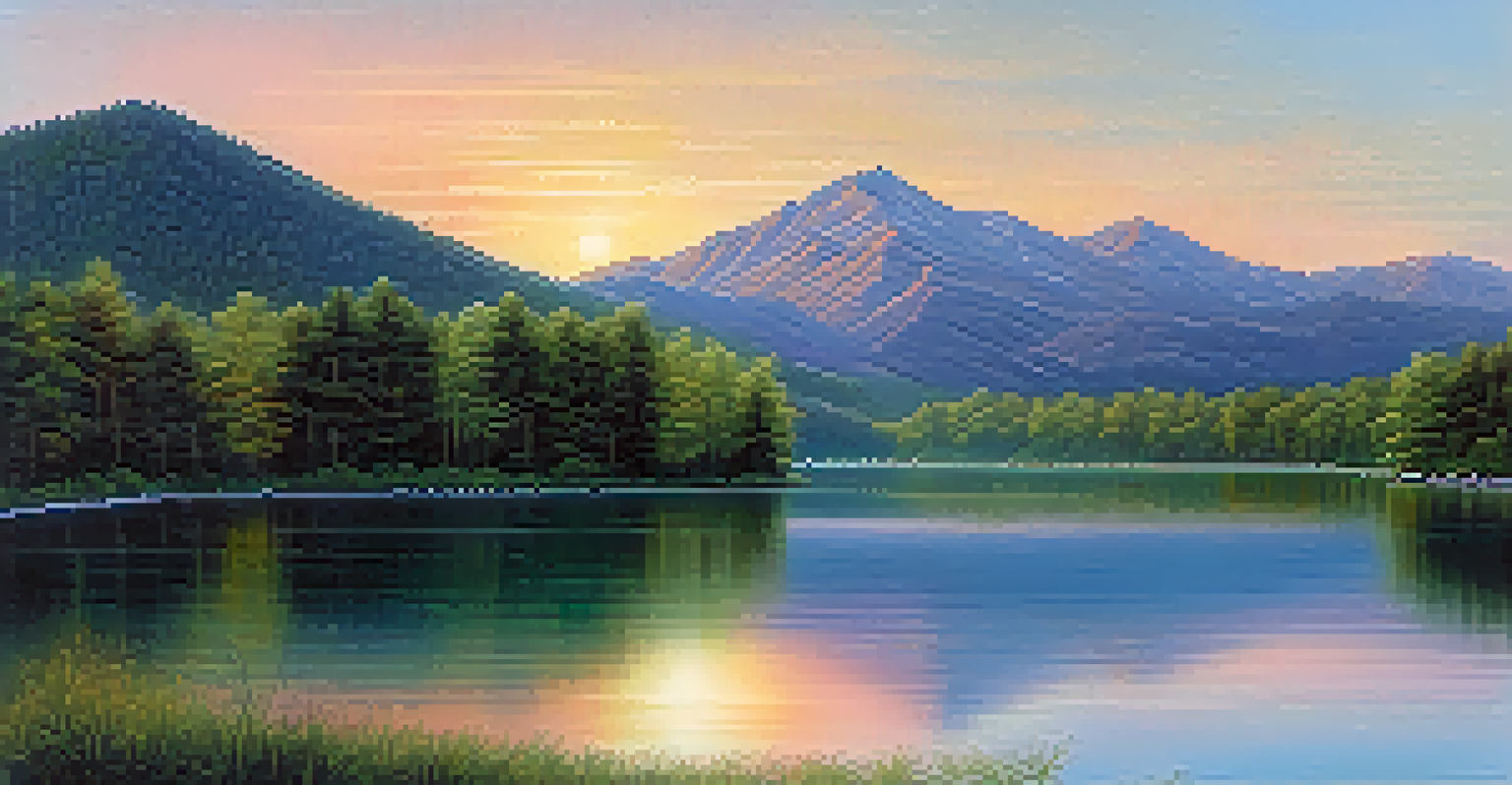 A peaceful landscape with a calm lake, lush green trees, and mountains at sunset, with pastel colors reflecting on the water.