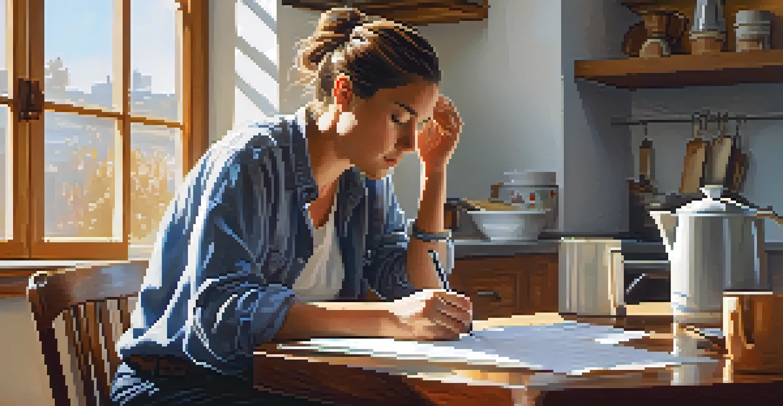 A person reviewing tax documents at a kitchen table, surrounded by a calculator and coffee, illuminated by warm morning light.