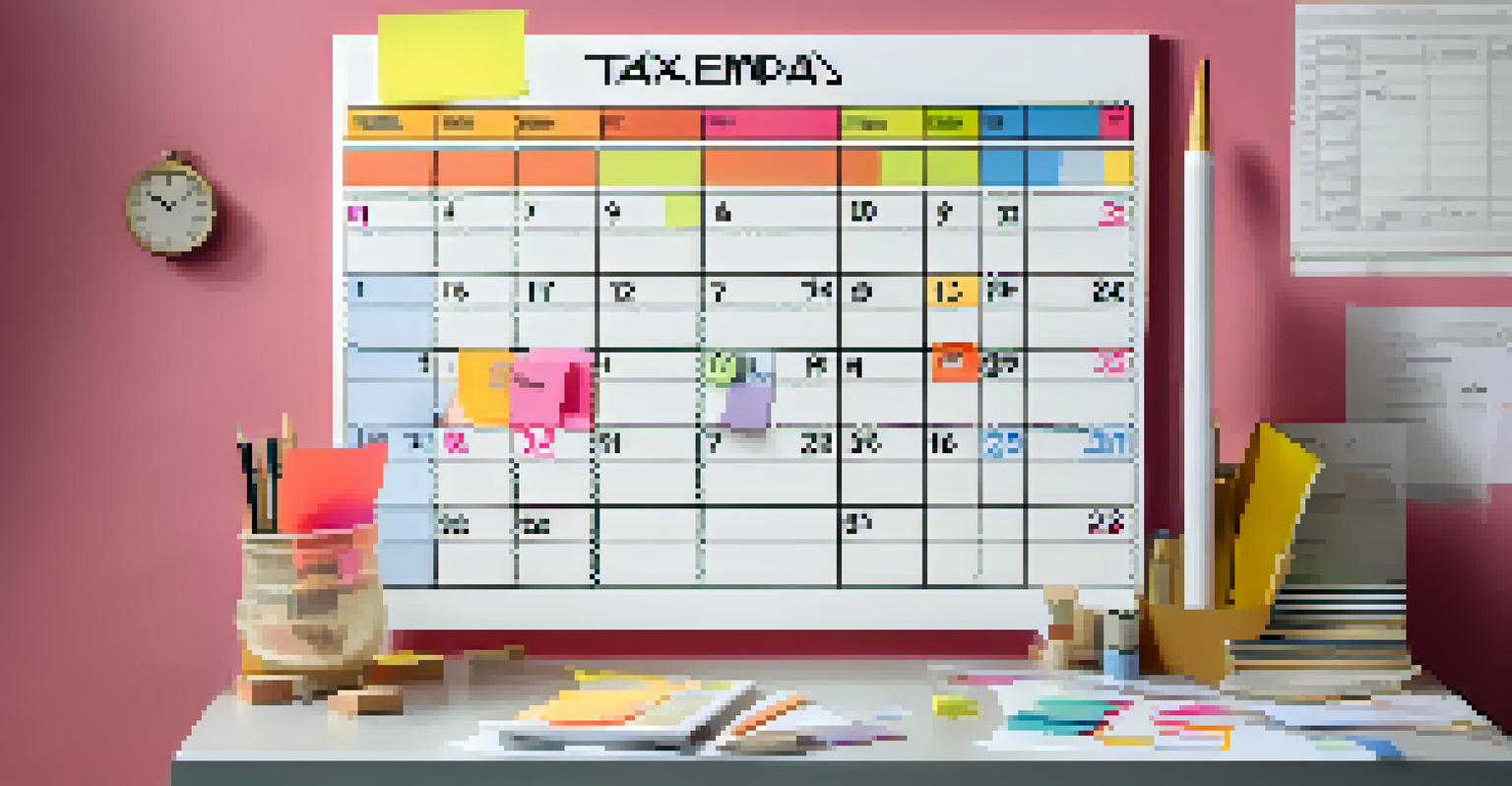 A desktop calendar filled with colorful sticky notes marking tax deadlines and reminders, with a clock showing early morning.