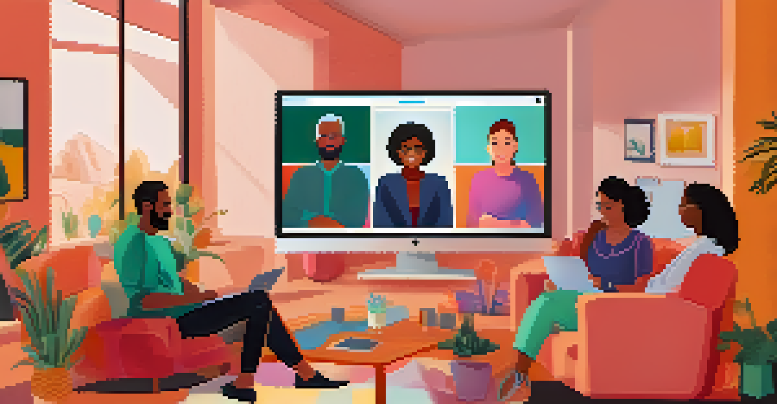 A video conference with four diverse remote employees in their home offices, each with colorful and personalized backgrounds.