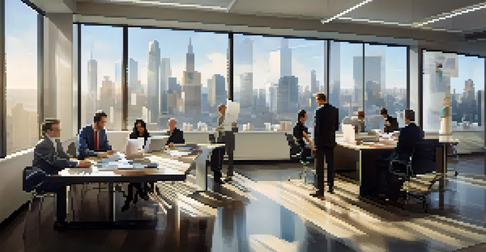 A diverse group of professionals in a bright office space, discussing financial documents with laptops and charts on the table.