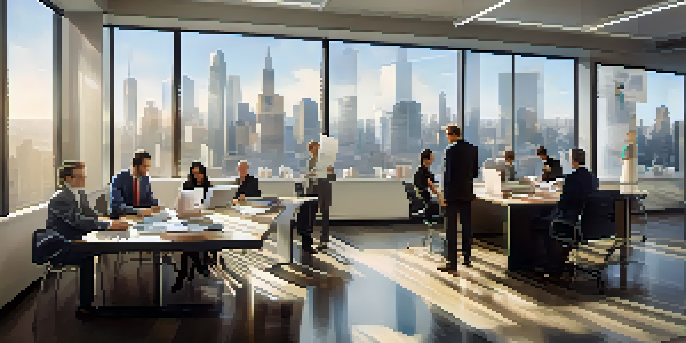 A diverse group of professionals in a bright office space, discussing financial documents with laptops and charts on the table.