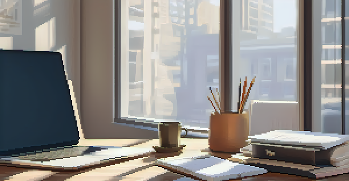 An organized office desk with a laptop showing tax software, coffee cup, and notepad, illuminated by natural light.